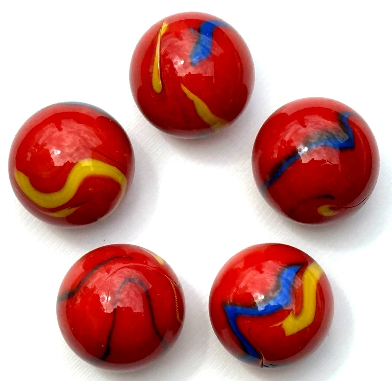 ODIN Red/Blue/Yellow Swirl Glass Marbles 22mm (7/8 inch) SHOOTER Taw (Lot of 5)